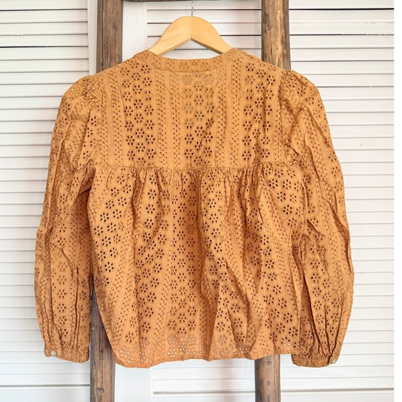 Madewell Eyelet Blouse Womens XS OrangeTie Neck Long Sleeve Top - Picture 2 of 3